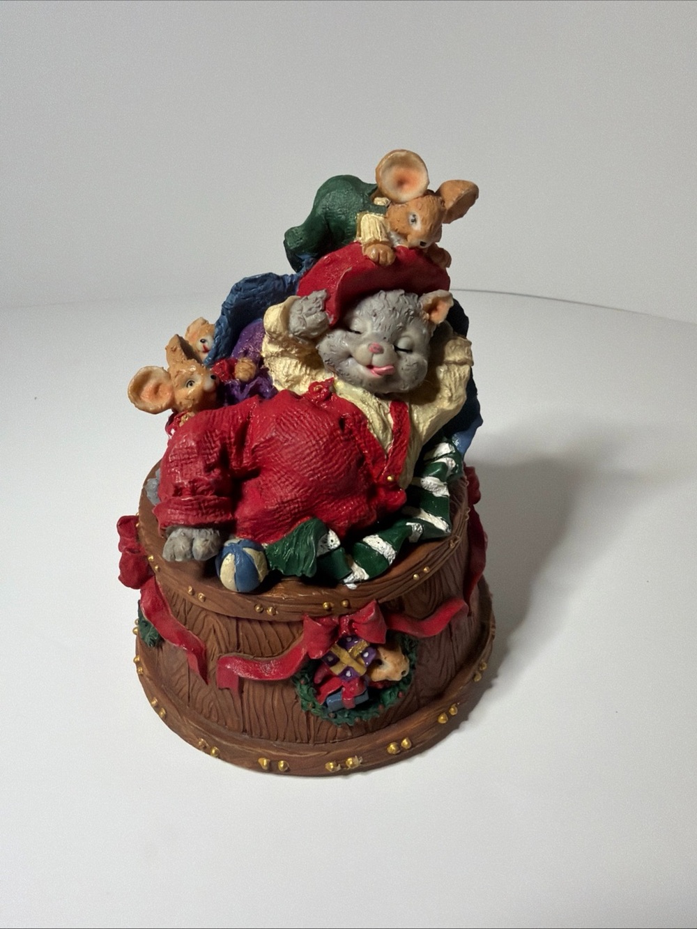 Rare Festive Mouse and Cat Christmas Figurine - Red, Green, Brown